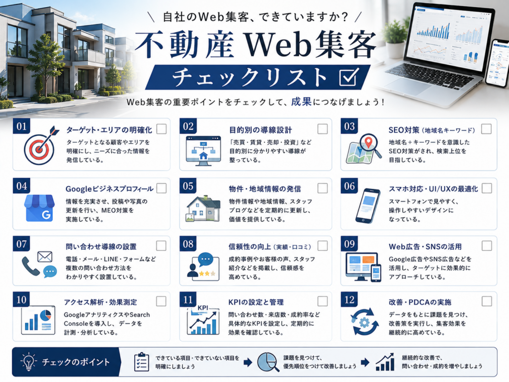不動産Web集客チェックリスト｜SEO・MEO・問い合わせ導線・Web広告・アクセス解析の改善ポイント