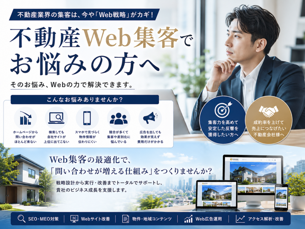 不動産Web集客でお悩みの方へ｜SEO・MEO・Web広告・ホームページ改善で問い合わせを増やす方法