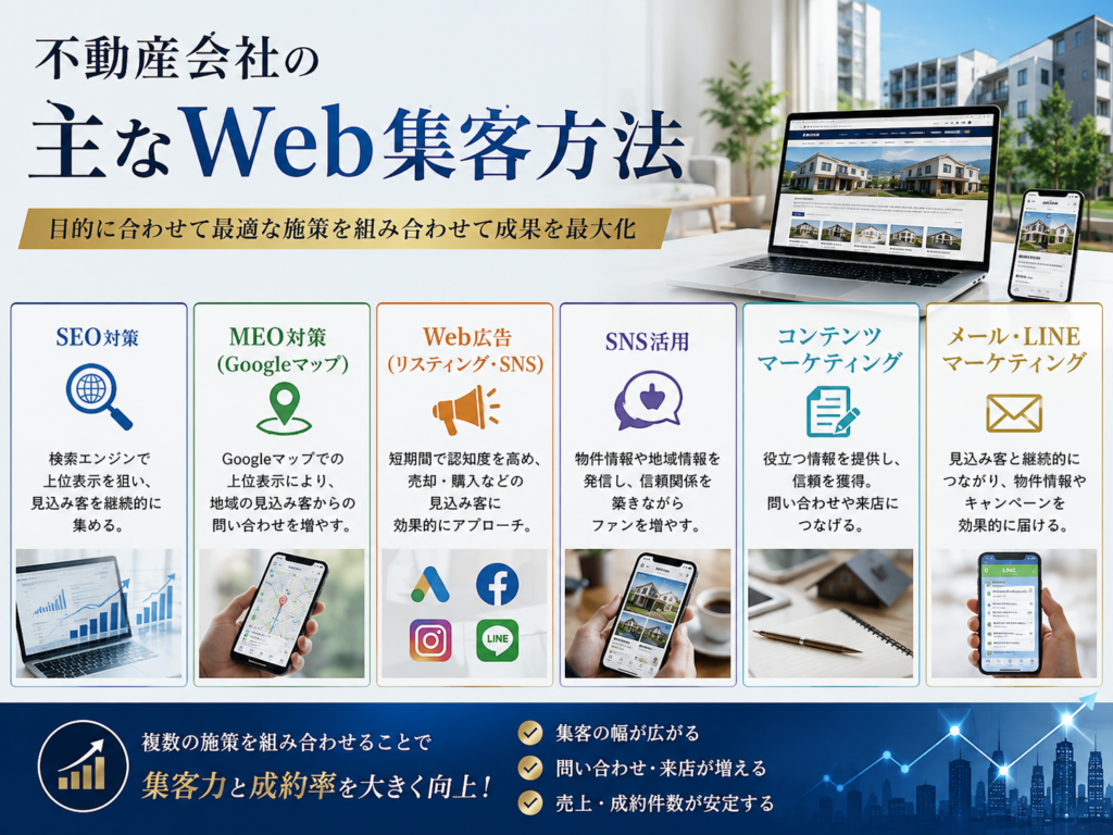 不動産会社の主なWeb集客方法｜SEO・MEO・Web広告・SNS・コンテンツマーケティングの活用方法