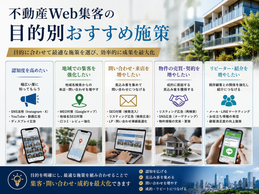 不動産Web集客の目的別おすすめ施策｜SEO・MEO・Web広告・SNSで問い合わせと成約を増やす方法