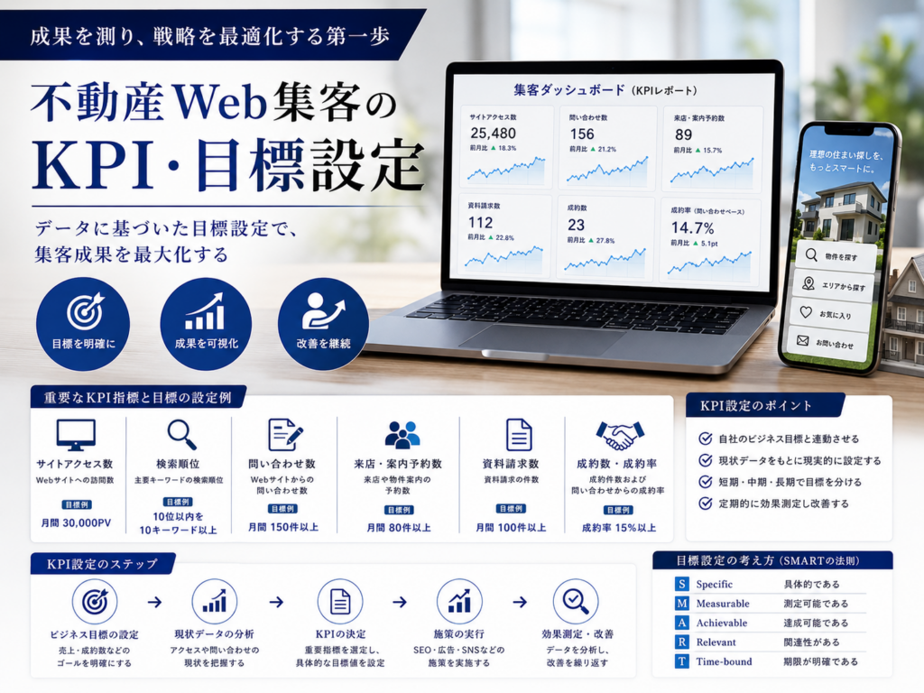 不動産Web集客のKPI・目標設定｜アクセス数・問い合わせ数・成約率を分析して集客成果を改善する方法