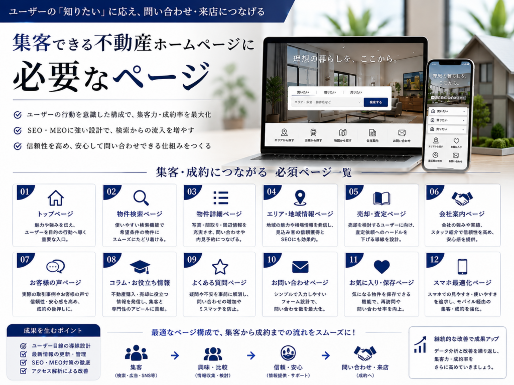 集客できる不動産ホームページに必要なページ｜物件検索・売却査定・地域情報・問い合わせなどのサイト構成