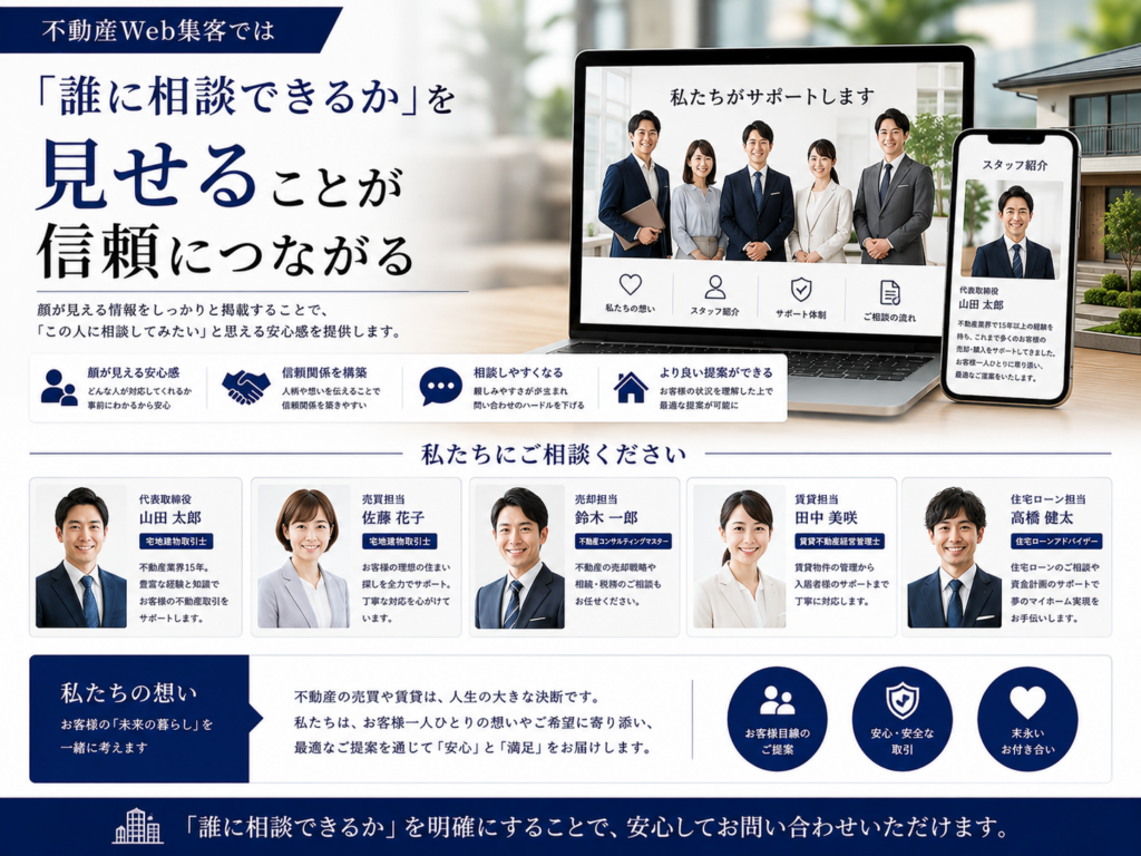 不動産Web集客では誰に相談できるかを掲載｜スタッフ紹介で安心感と信頼性を高め問い合わせにつなげる方法