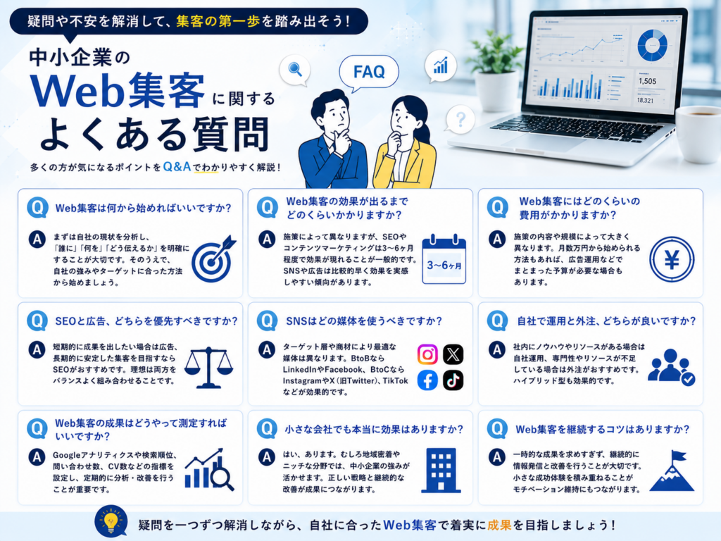 中小企業のWeb集客に関するよくある質問｜費用・期間・SEO・広告・SNS・外注・効果測定を解説