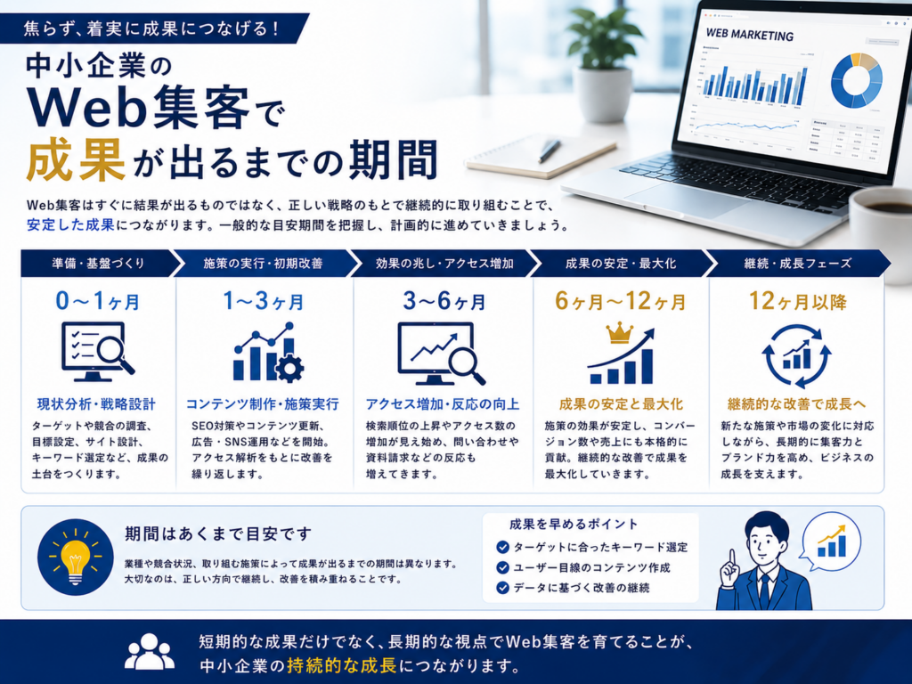 中小企業のWeb集客で成果が出るまでの期間｜開始から3〜6ヶ月・1年以降の集客効果と改善の流れ