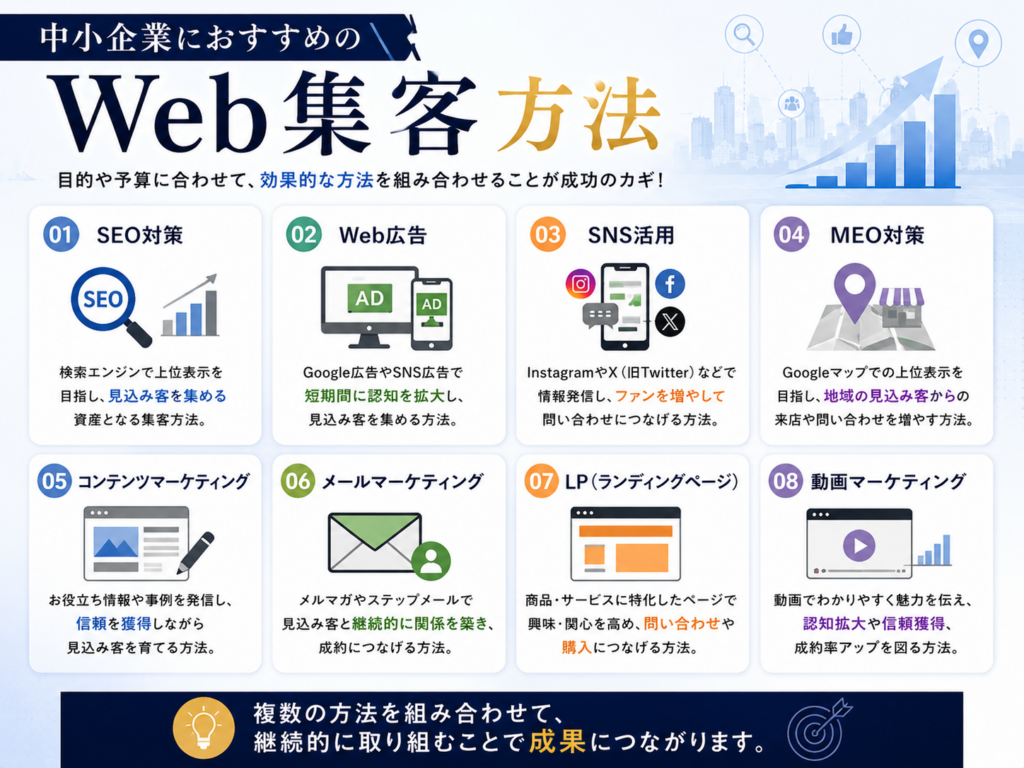 中小企業におすすめのWeb集客方法｜SEO・Web広告・SNS・MEO・コンテンツマーケティングを解説