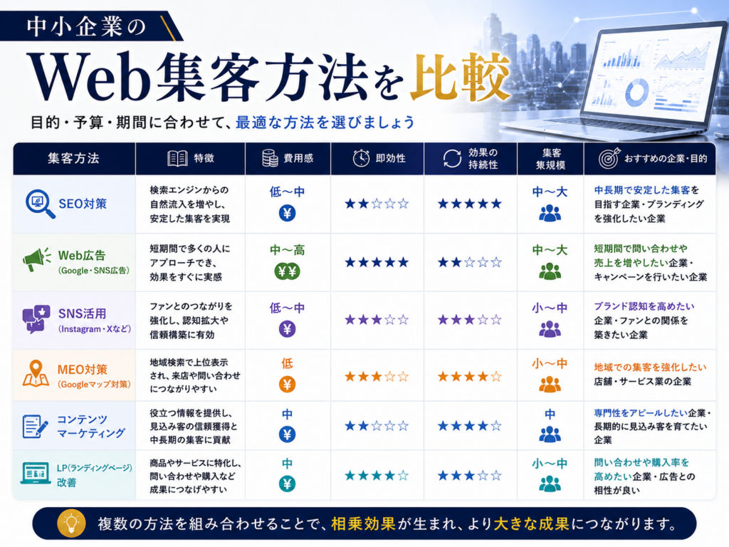 中小企業のWeb集客方法を比較｜SEO・Web広告・SNS・MEO・コンテンツマーケティングの特徴と選び方