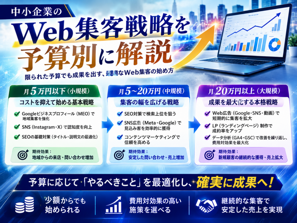 中小企業のWeb集客戦略を予算別に比較｜少額からSEO・MEO・SNS・Web広告で成果を出す方法