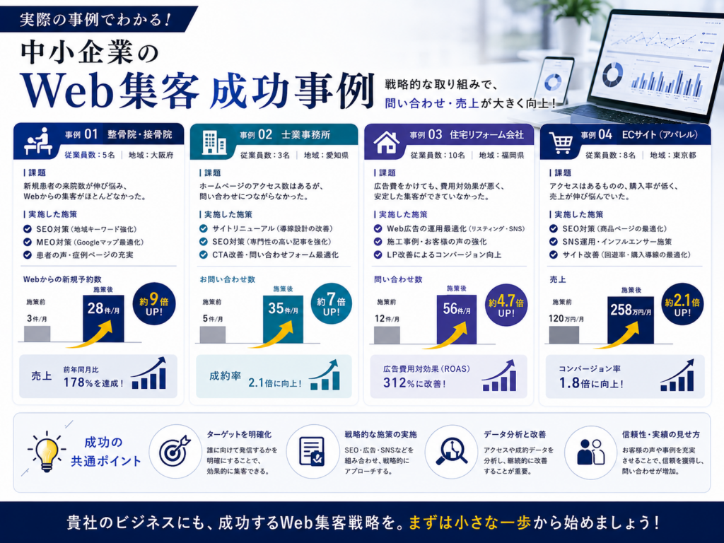 中小企業のWeb集客成功事例｜SEO・MEO・Web広告・SNS・サイト改善で問い合わせや売上を増やした事例