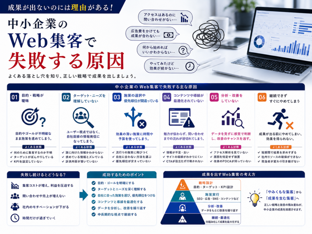 中小企業のWeb集客で失敗する原因｜戦略・ターゲット・施策の優先順位・分析改善のポイント