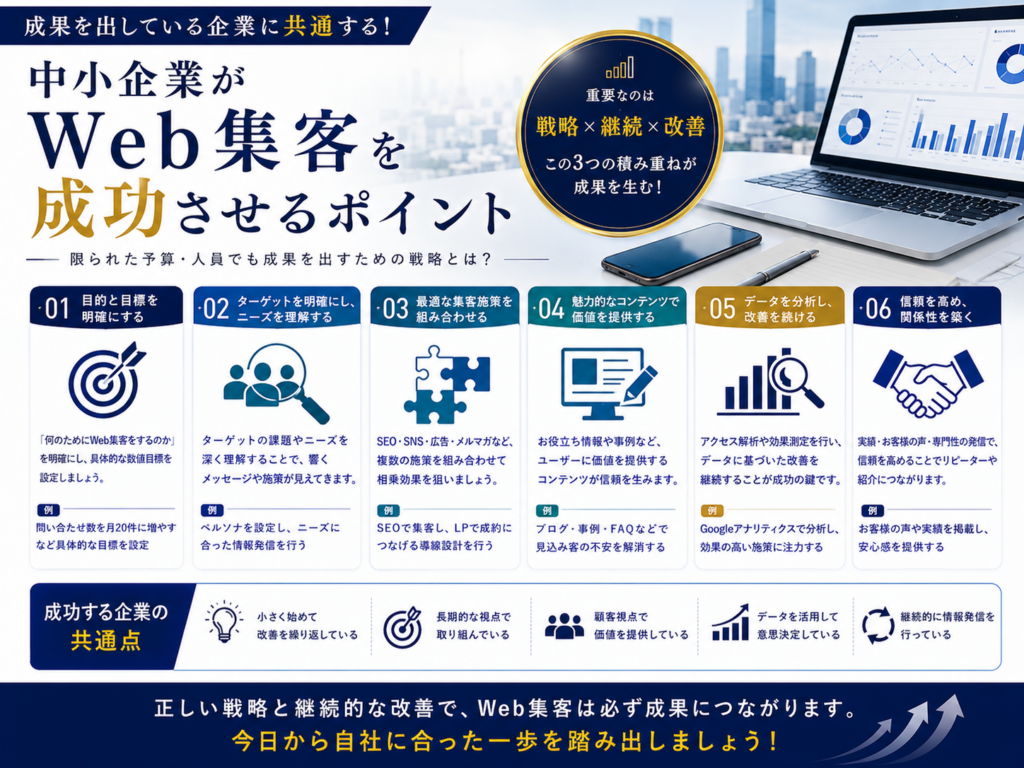 中小企業がWeb集客を成功させるポイント｜戦略・ターゲット設定・SEO・SNS・データ分析と継続改善