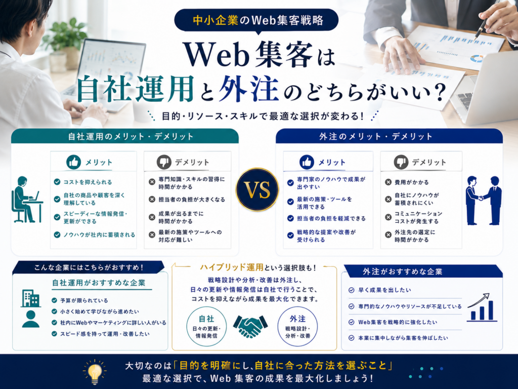 Web集客は自社運用と外注のどちらがいいか｜中小企業向けにメリット・デメリットと選び方を比較