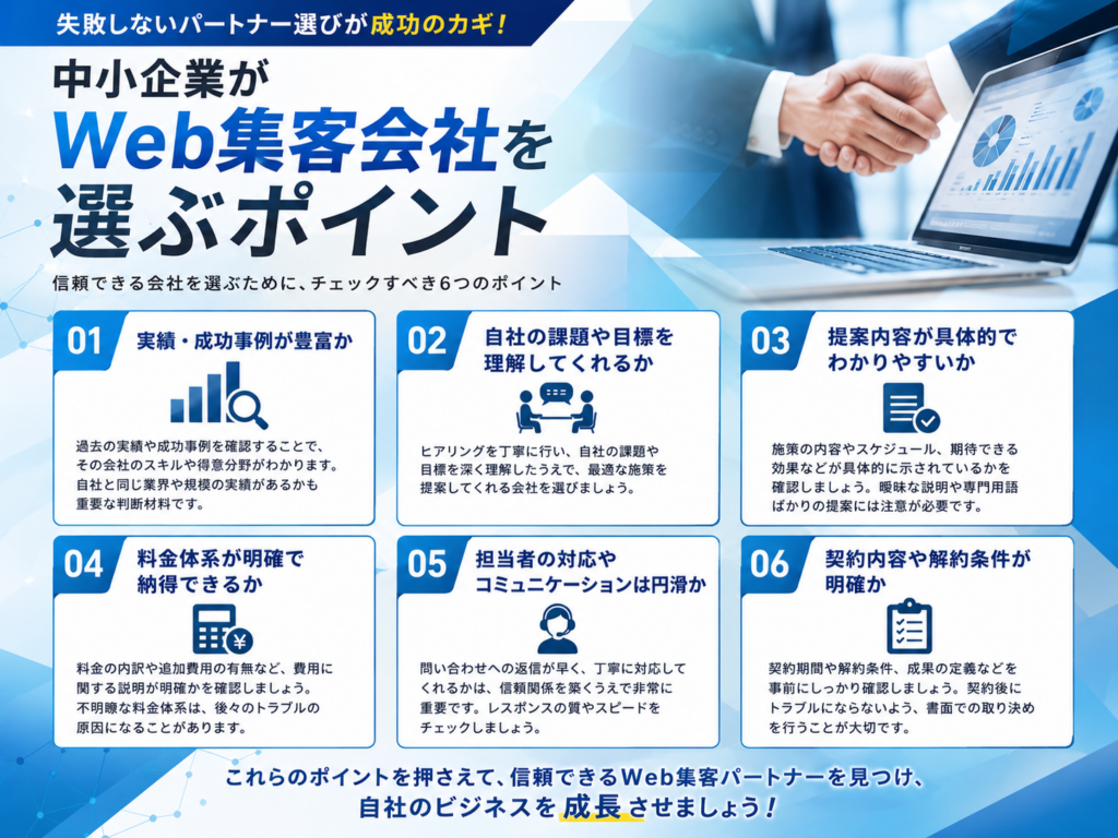 中小企業がWeb集客会社を選ぶポイント｜実績・提案力・専門性・サポート・料金・効果測定を比較