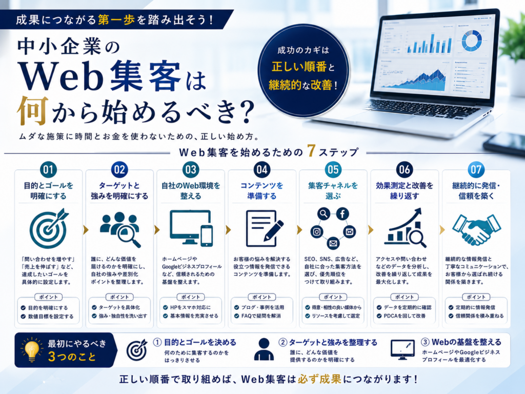 中小企業のWeb集客は何から始めるべきか｜目的設定・ターゲット分析・SEO・SNS・効果測定までの進め方