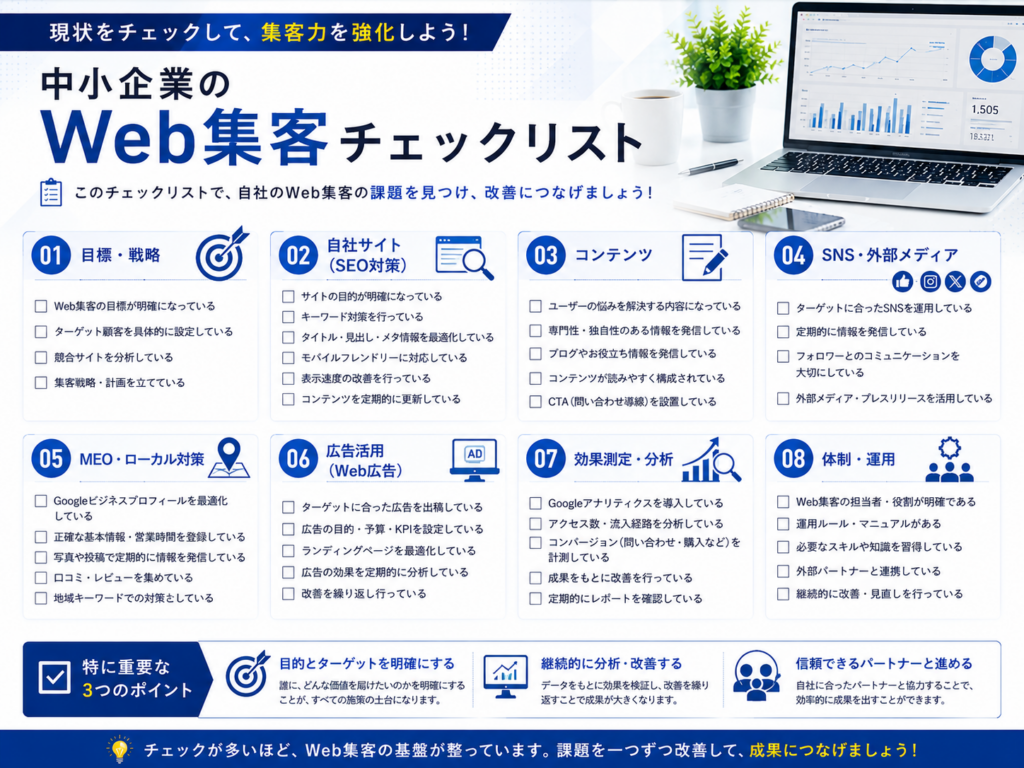中小企業のWeb集客チェックリスト｜SEO・コンテンツ・SNS・MEO・Web広告・効果測定の確認項目