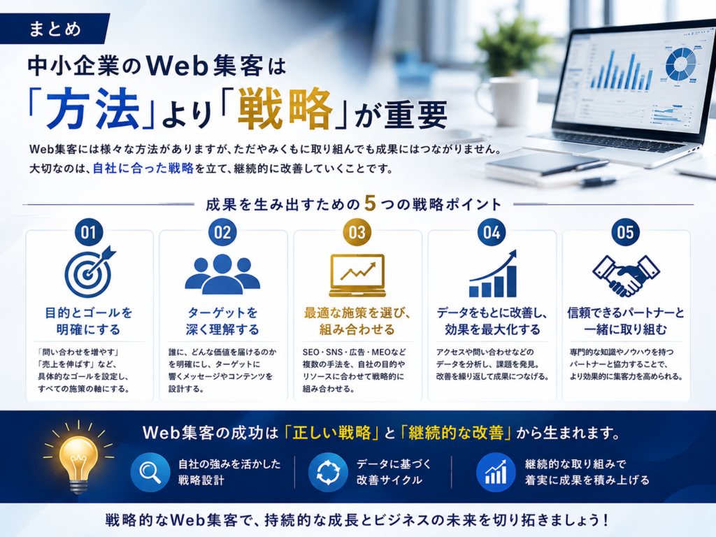 中小企業のWeb集客は方法より戦略が重要｜目的設定・ターゲット分析・施策選定・継続改善で成果を出すポイント