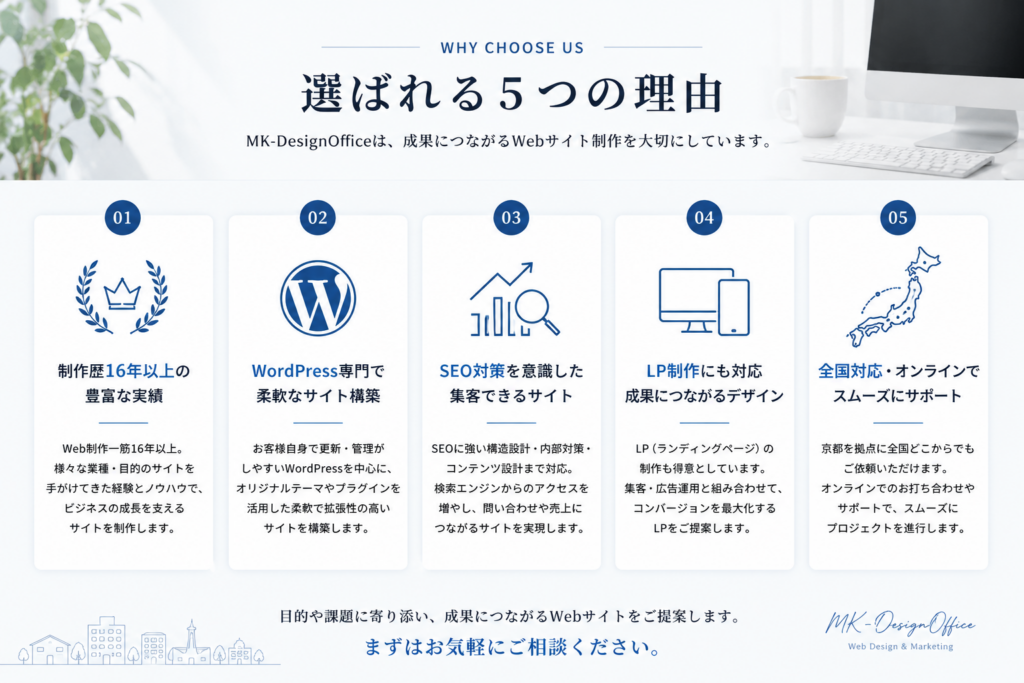 MK-DesignOfficeが選ばれる5つの理由｜制作歴16年以上・WordPress専門・SEO対策対応・LP制作対応・全国対応