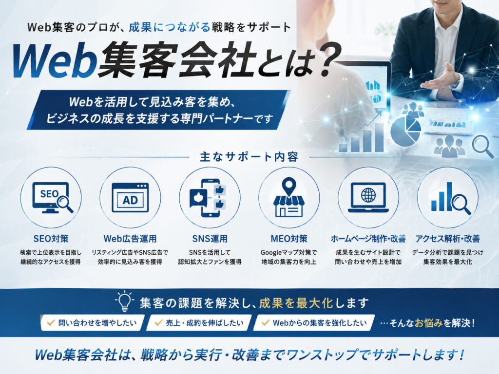 Web集客会社の役割やSEO対策・Web広告・SNS運用・MEO対策・ホームページ改善を解説