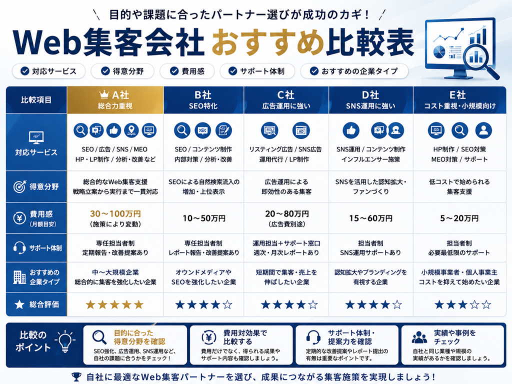 Web集客会社おすすめ比較表でサービス内容・費用相場・サポート体制・選び方を比較