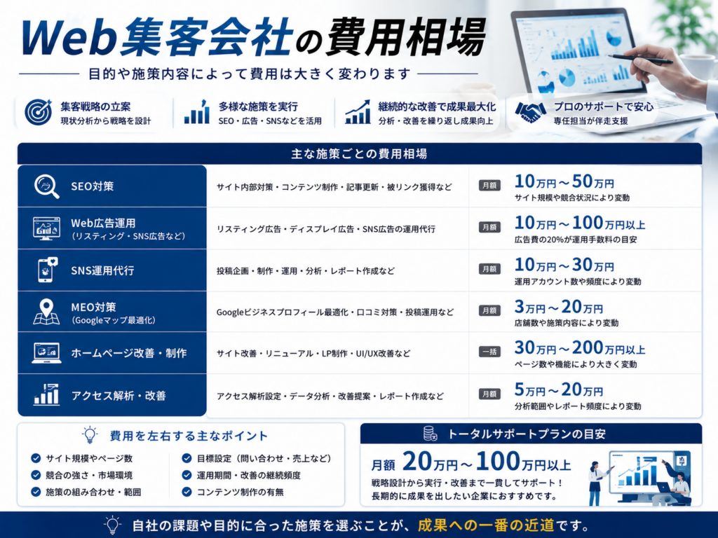 Web集客会社の費用相場を紹介し、SEO対策・Web広告・SNS運用・ホームページ制作の料金目安を解説