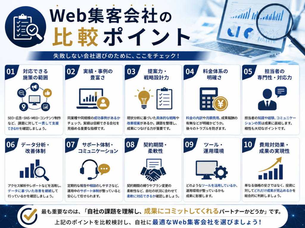 Web集客会社の比較ポイントを紹介し、実績・料金・サポート体制・提案力・費用対効果など会社選びのポイントを解説