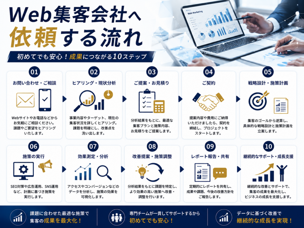 Web集客会社へ依頼する流れを紹介し、お問い合わせから戦略設計・施策実施・効果測定・改善までの流れを解説