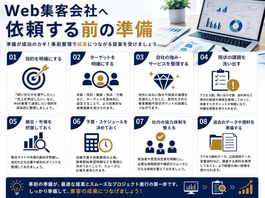 Web集客会社へ依頼する前の準備を紹介し、目的設定・ターゲット分析・予算・競合調査・事前準備のポイントを解説