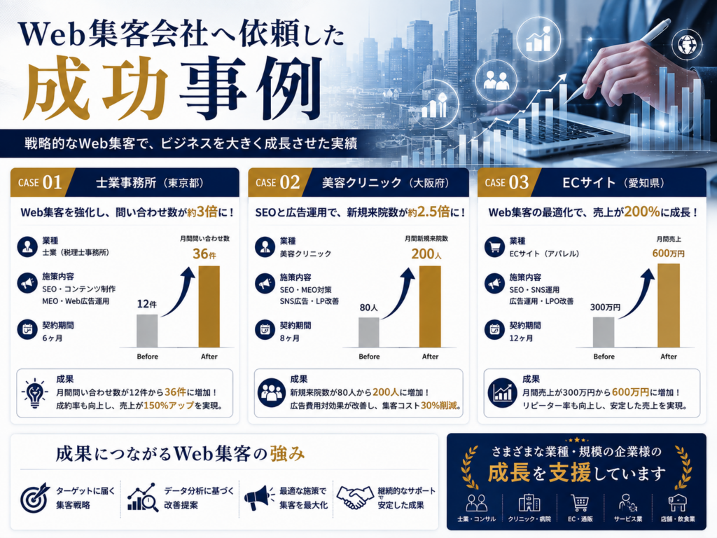 Web集客会社へ依頼した成功事例を紹介し、SEO対策やWeb広告による問い合わせ数・売上向上の成果を解説