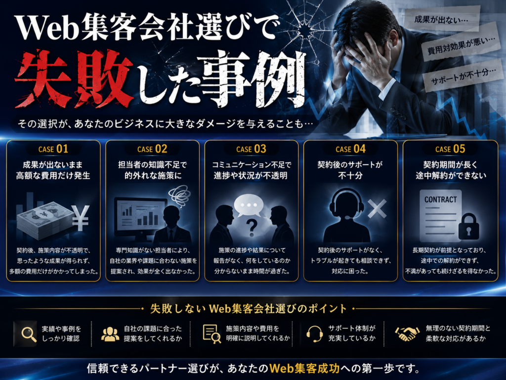 Web集客会社選びで失敗した事例を紹介し、料金・実績・担当者・契約内容・データ分析など失敗を防ぐポイントを解説