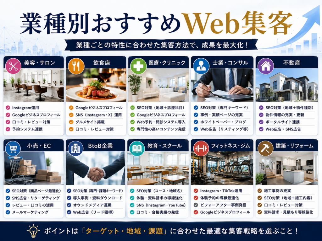 業種別おすすめWeb集客を紹介し、美容室・飲食店・医療・士業・不動産・EC・BtoBなど業種ごとの効果的なWeb集客方法を解説