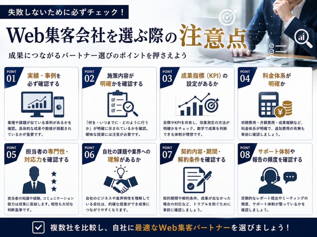 Web集客会社を選ぶ際の注意点を紹介し、実績・施策内容・料金・契約内容・サポート体制など失敗しない会社選びのポイントを解説