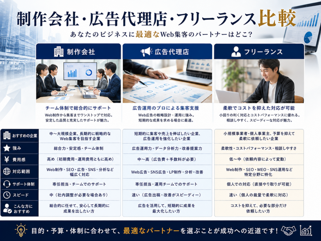 制作会社・広告代理店・フリーランスを比較し、費用・対応範囲・サポート体制・特徴・おすすめの依頼先を解説