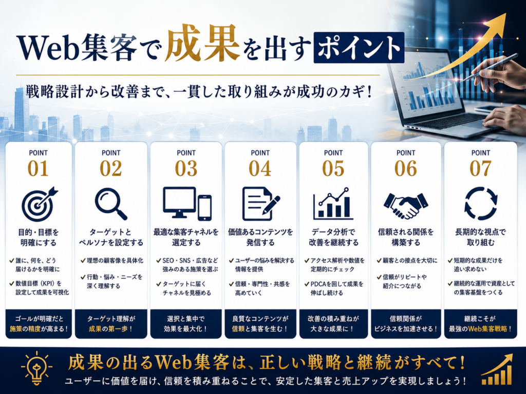 Web集客で成果を出すポイントを紹介し、目標設定・SEO対策・コンテンツ制作・データ分析・継続改善の重要性を解説