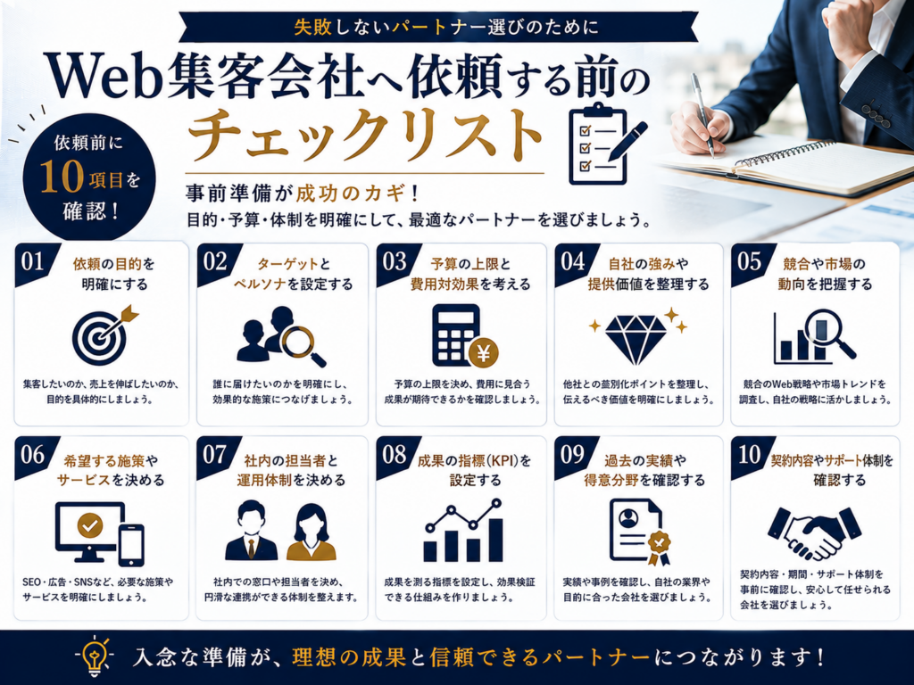 Web集客会社へ依頼する前のチェックリストを紹介し、目的設定・ターゲット・予算・KPI・実績・契約内容など依頼前に確認すべきポイントを解説