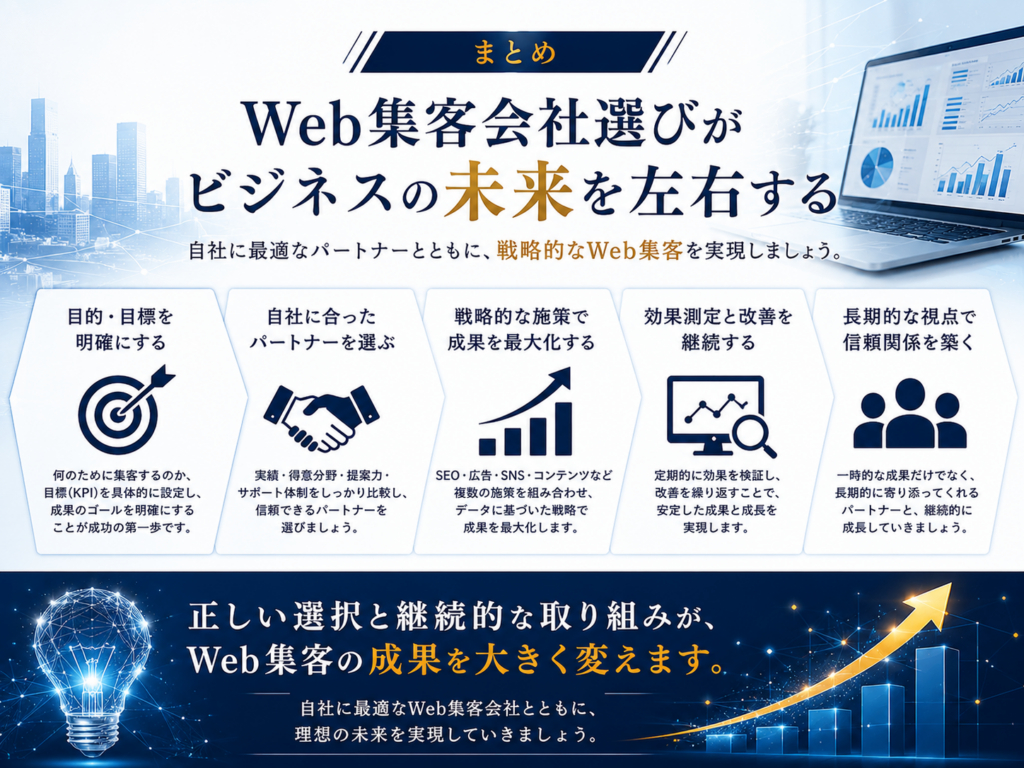Web集客会社の選び方をまとめ、目的設定・会社選び・戦略立案・効果測定・継続改善の重要ポイントを解説