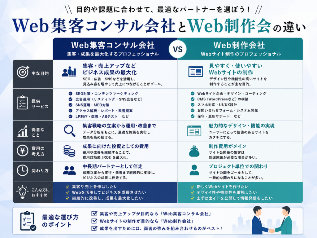 Web集客コンサル会社とWeb制作会社の違いを目的・サービス・費用・サポート内容で比較