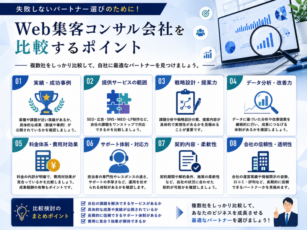 Web集客コンサル会社を比較するポイントを実績・サービス・料金・サポート体制など8項目で解説