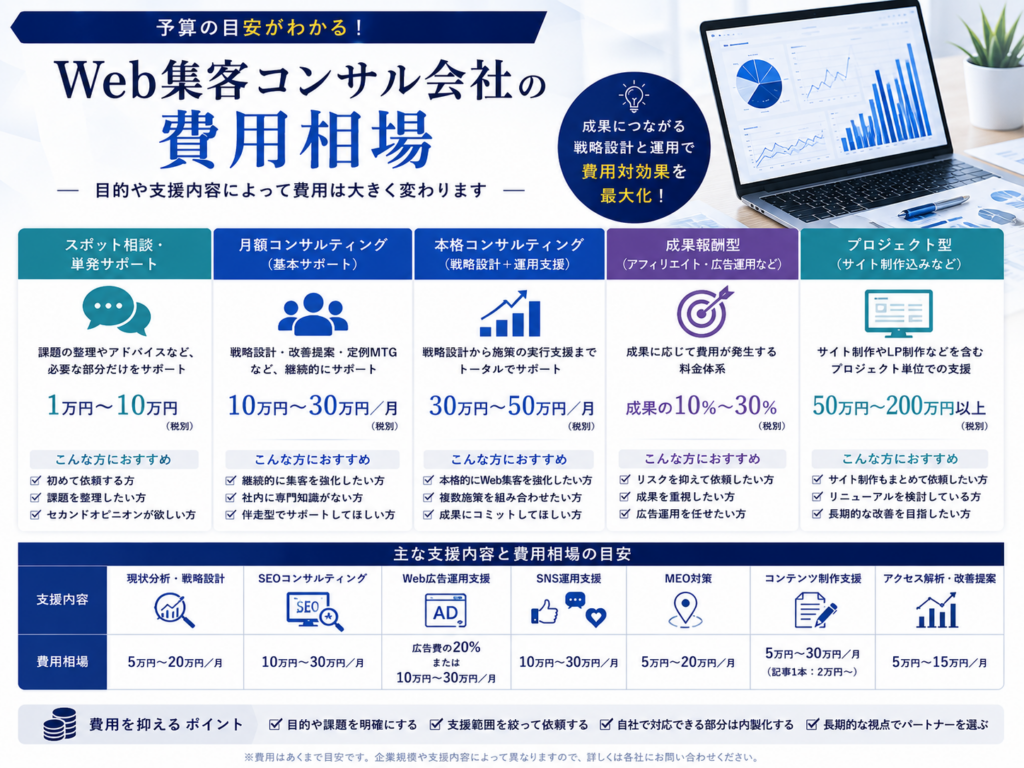 Web集客コンサル会社の費用相場を月額料金や支援内容別に比較