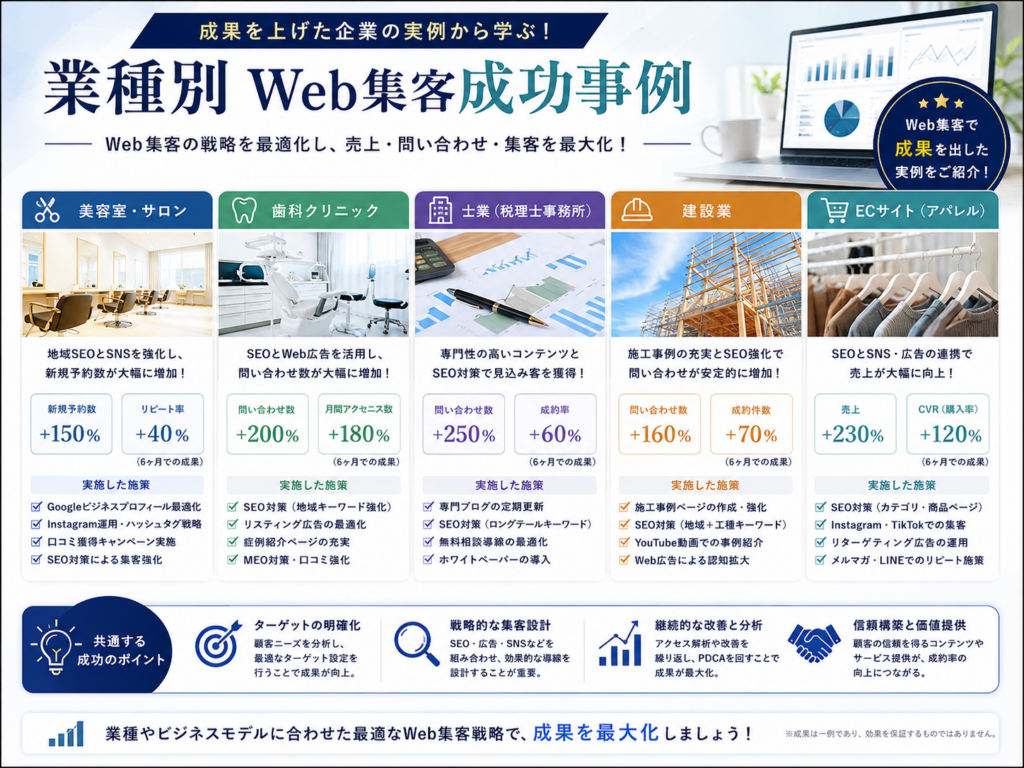 業種別のWeb集客成功事例を美容室・クリニック・士業・建設業・ECサイトの施策と成果で紹介