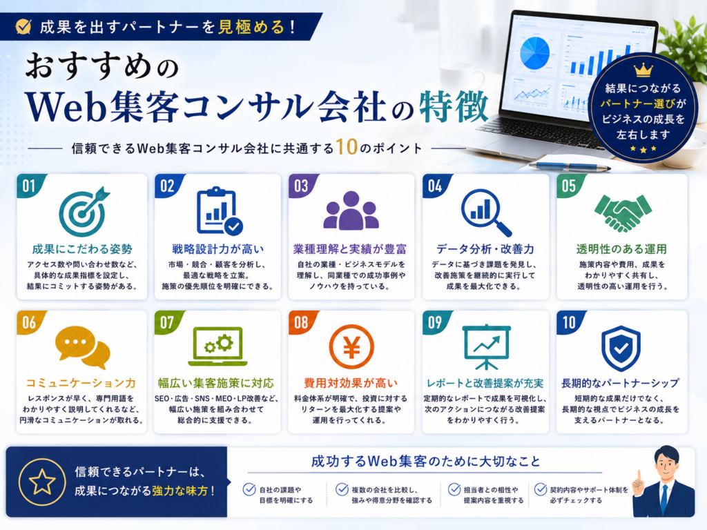 おすすめのWeb集客コンサル会社の特徴を実績・戦略設計・データ分析・費用対効果など10項目で解説