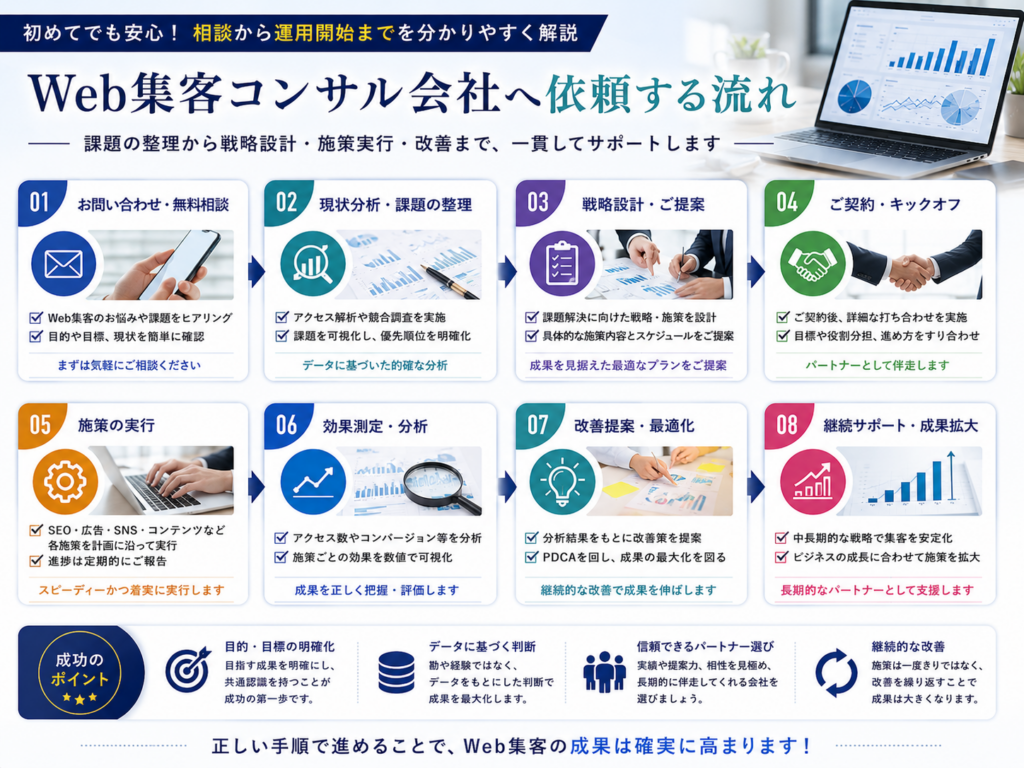 Web集客コンサル会社へ依頼する流れを無料相談・現状分析・戦略設計・施策実行・改善まで8ステップで解説