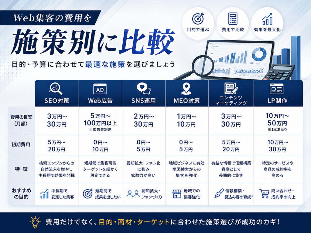 Web集客の費用を施策別に比較｜SEO・Web広告・SNS・MEO・コンテンツマーケティング・LP制作