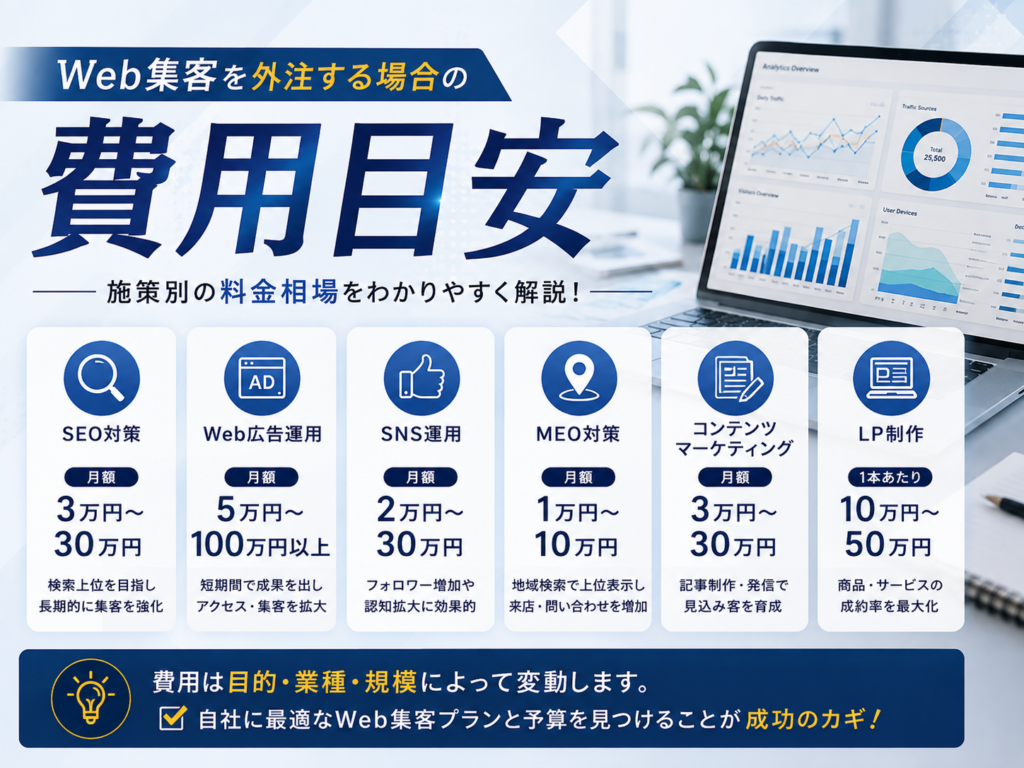 Web集客を外注する場合の費用目安｜SEO・Web広告・SNS・MEO・コンテンツ・LP制作の料金相場