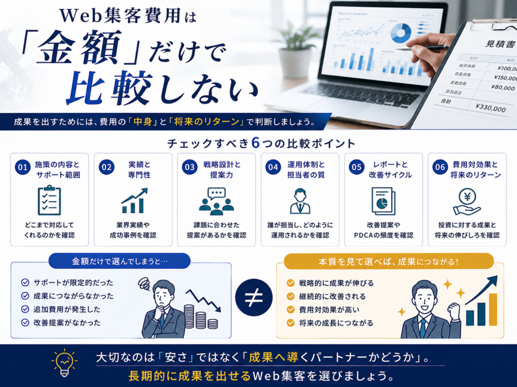 Web集客費用は金額だけで比較しない｜施策内容・実績・運用体制・費用対効果で選ぶポイント