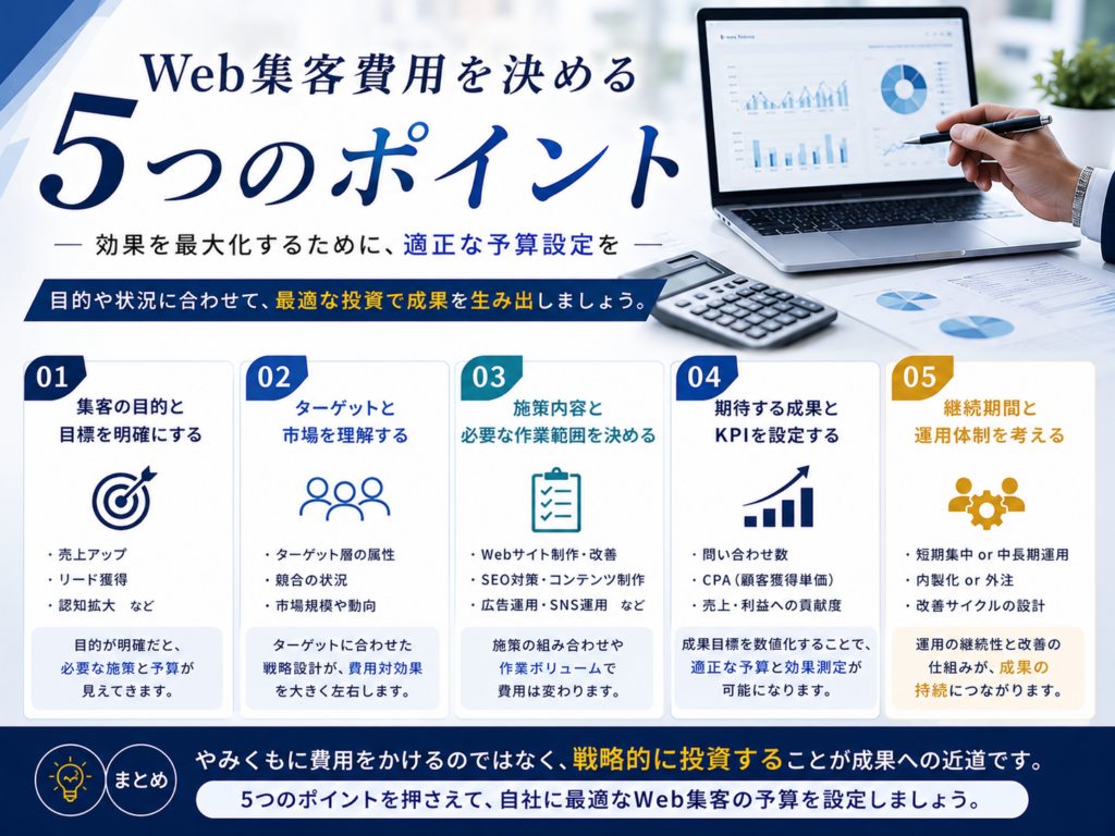 Web集客費用を決める5つのポイント｜目的・ターゲット・施策・KPI・運用体制から適正予算を設定