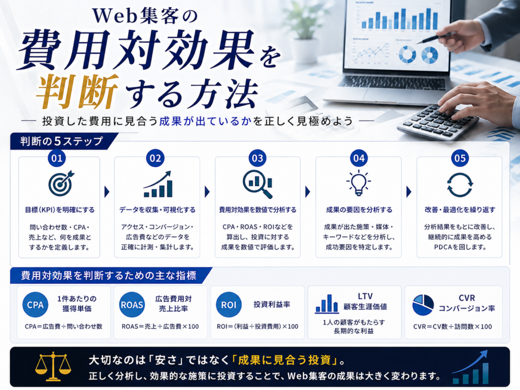 Web集客の費用対効果を判断する方法｜CPA・ROAS・ROI・LTV・CVRで成果を分析