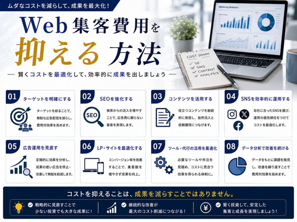 Web集客費用を抑える方法｜SEO・コンテンツ・SNS・広告運用・LP改善でコストを最適化