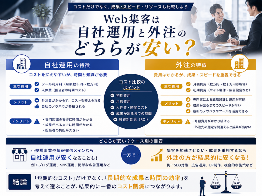 Web集客は自社運用と外注のどちらが安い？費用・メリット・デメリット・費用対効果を比較