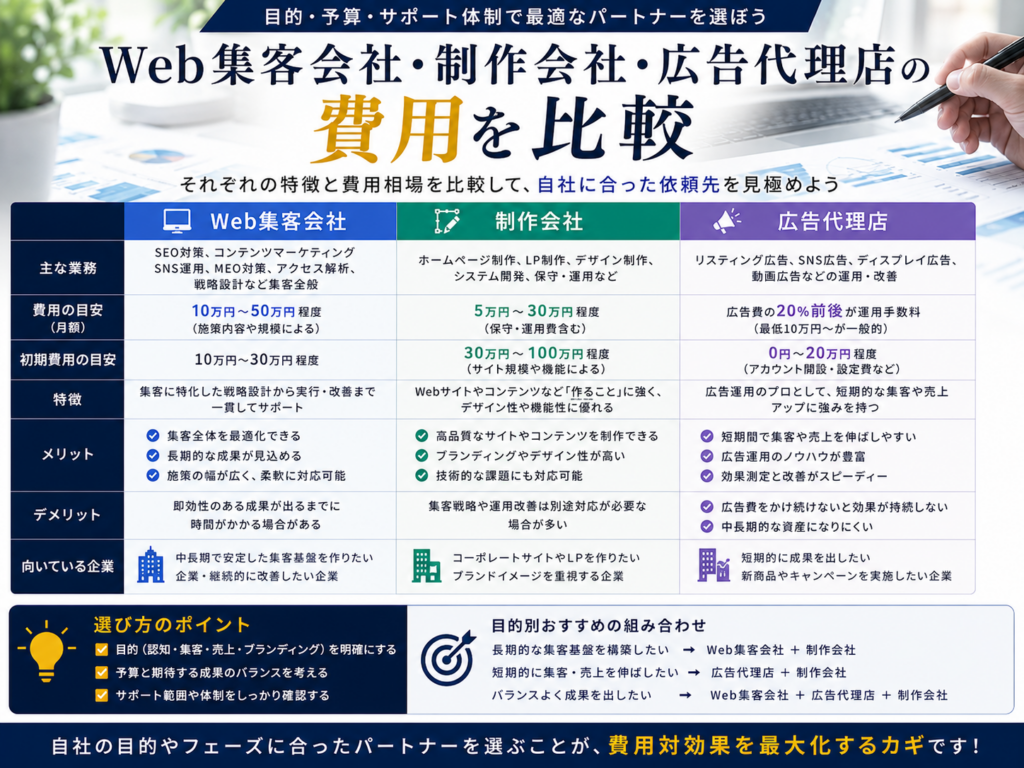 Web集客会社・制作会社・広告代理店の費用を比較｜料金相場・特徴・メリット・選び方