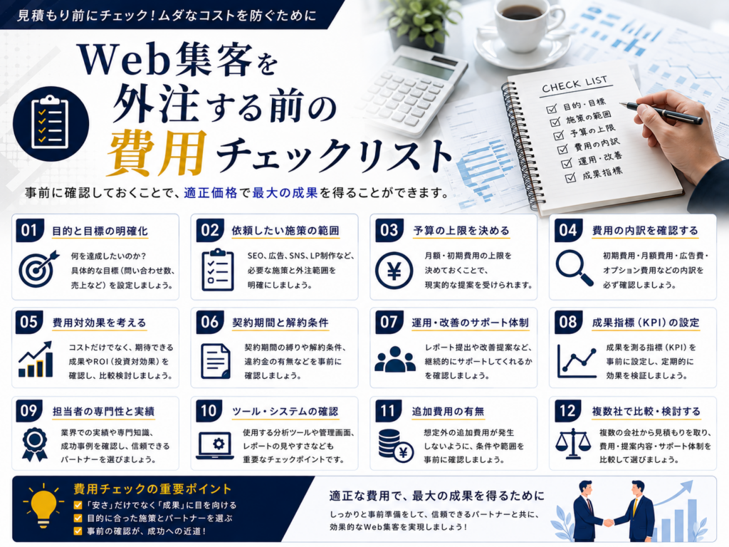 Web集客を外注する前の費用チェックリスト｜予算・料金内訳・契約条件・費用対効果を確認
